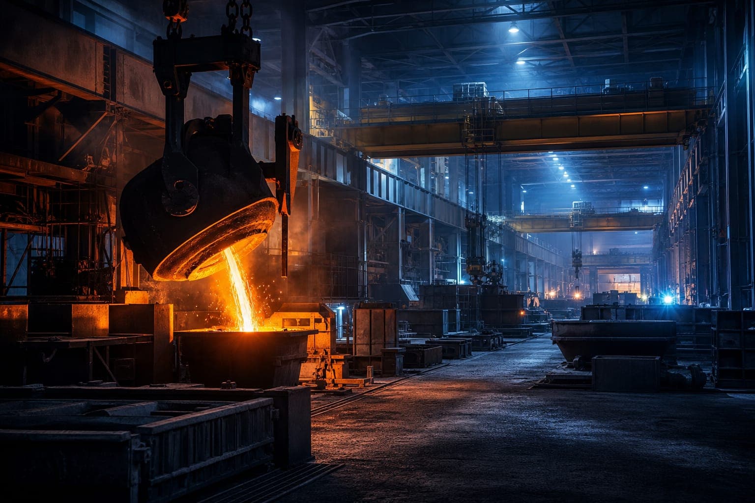 Molten metal pour inside a working foundry