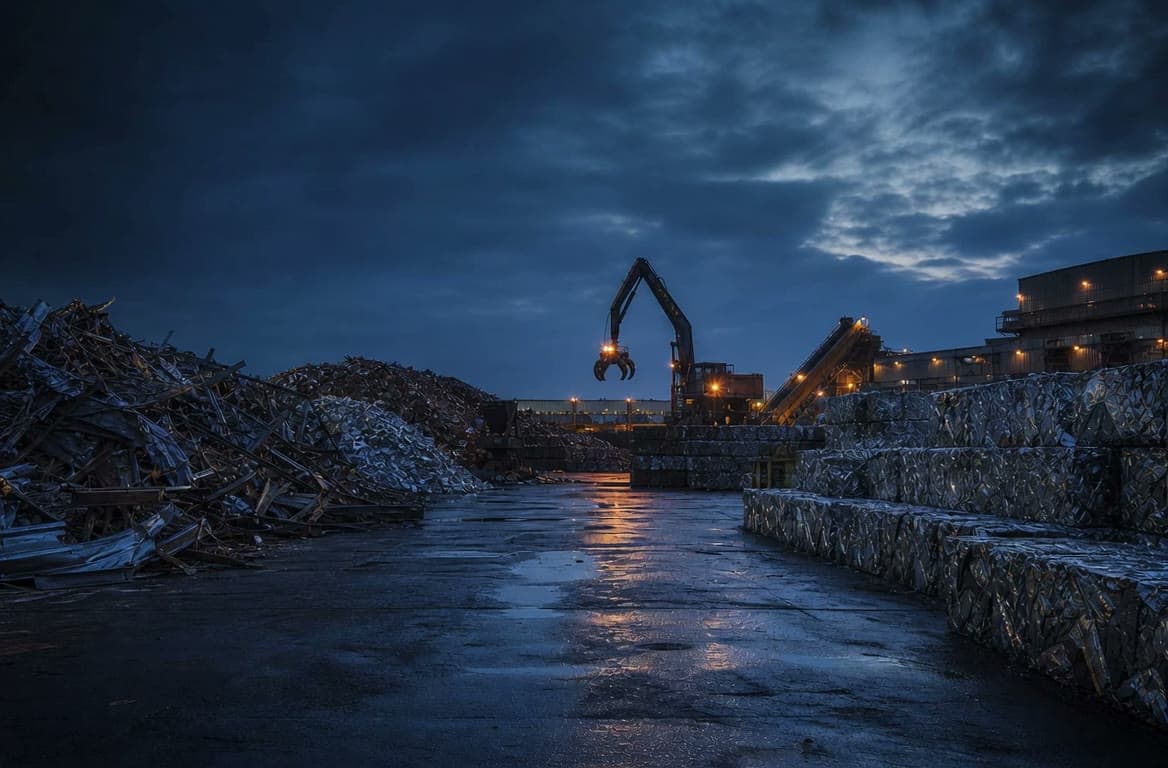 Sorted ferrous and non-ferrous scrap in a processing yard at dusk